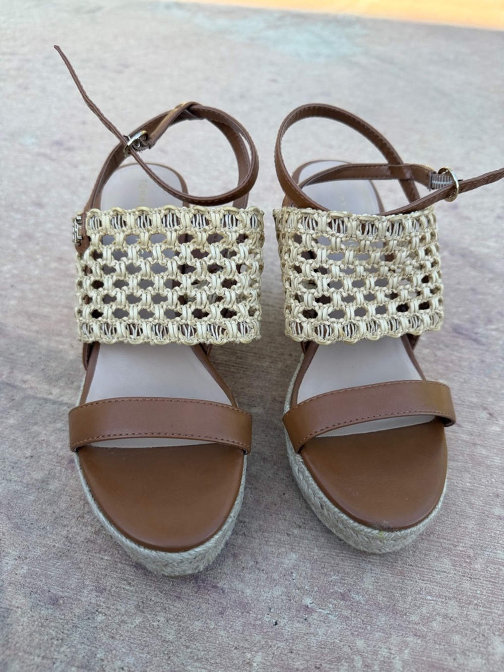 Tommy Hilfiger Brown Leather and Cream Woven Espadrille Sandals